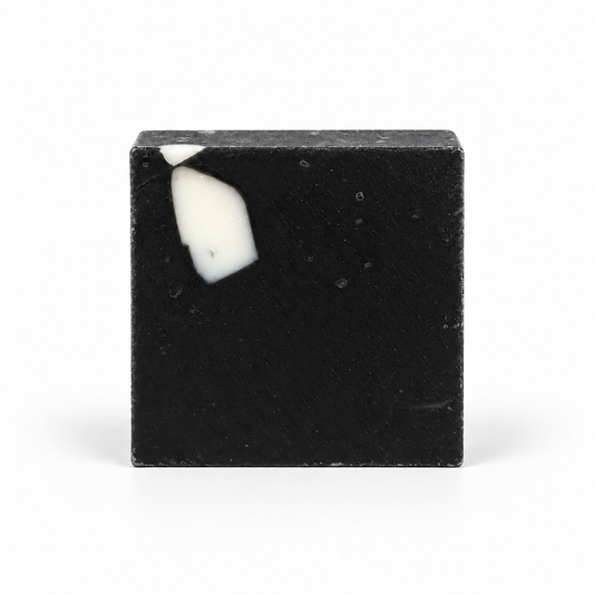 Charcoal Aloe Soap, single soap bar in sharp detail on a white background.