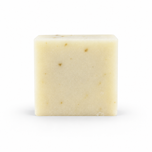 Eucalyptus Lavender Goats Milk, single soap bar in sharp detail on a white background.