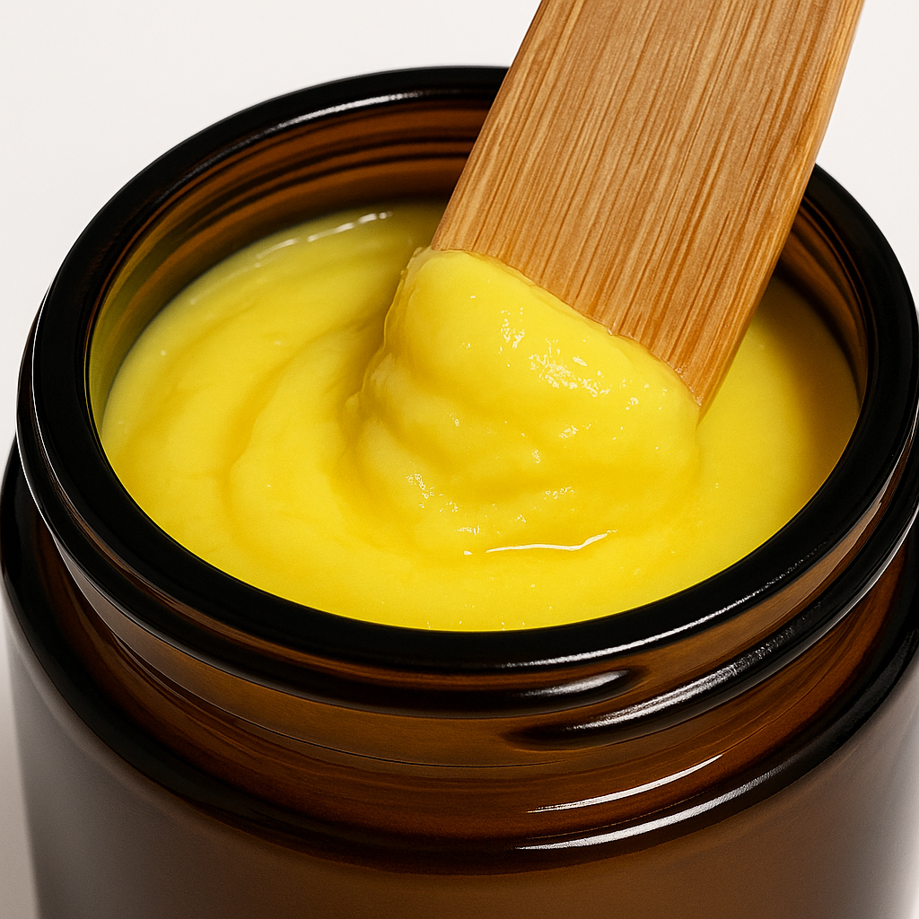 Golden body butter in an open amber jar with a wooden spatula