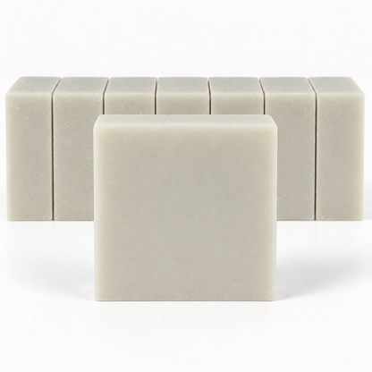 Bamboo Mud soap with a centered front bar and a clearly focused row of neatly aligned bars on a white background.