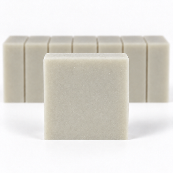 Bamboo Mud Soap, with a sharp foreground soap bar and a softly blurred row of bars on a white background.