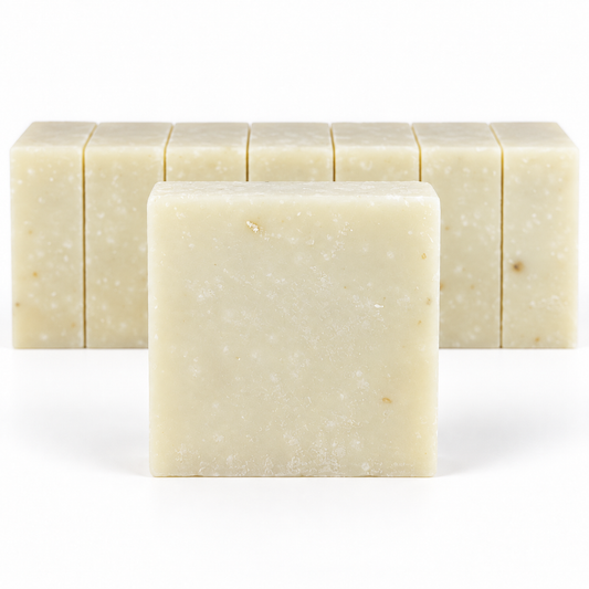 Lavender Greek Yogurt soap with a centered front bar and an evenly cut, aligned row of bars on a white background.