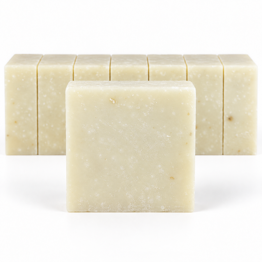 Lavender Greek Yogurt soap with a centered front bar and an evenly cut, aligned row of bars on a white background.