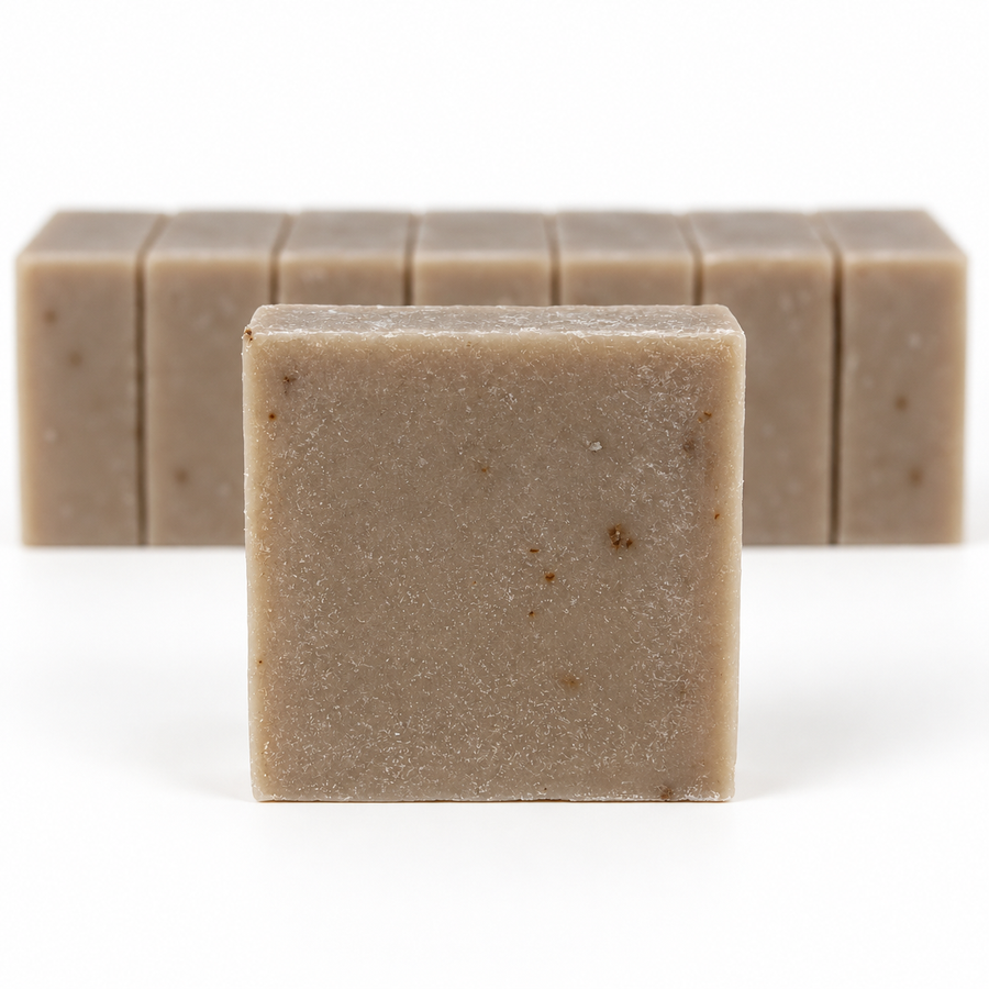 Oatmeal Goat’s Milk soap with a front bar and a neatly arranged row of matching bars on a white background.