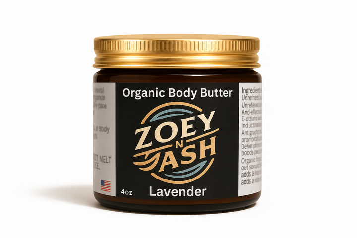 Zoey n’ Ash Organic Lavender Body Butter, 4 oz, in an amber jar with a gold metal lid on a white background.