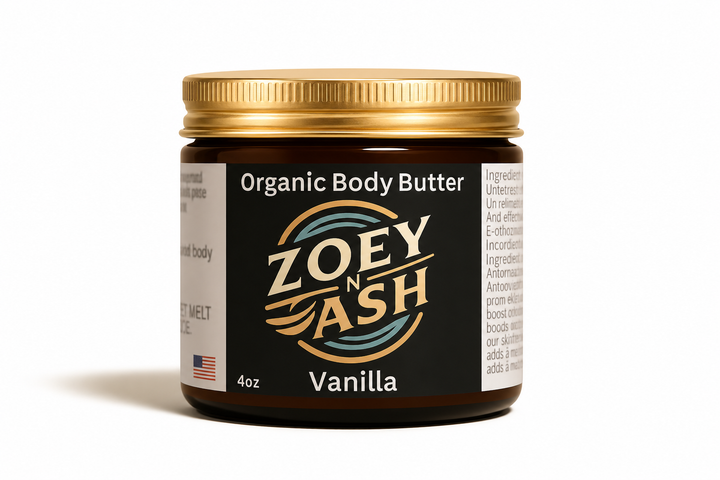 Zoey n’ Ash Organic Vanilla Body Butter, 4 oz, in an amber jar with a gold metal lid on a white background.