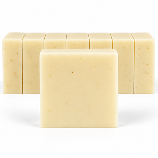 African Violet, neatly aligned soap bars in sharp detail on a white background.