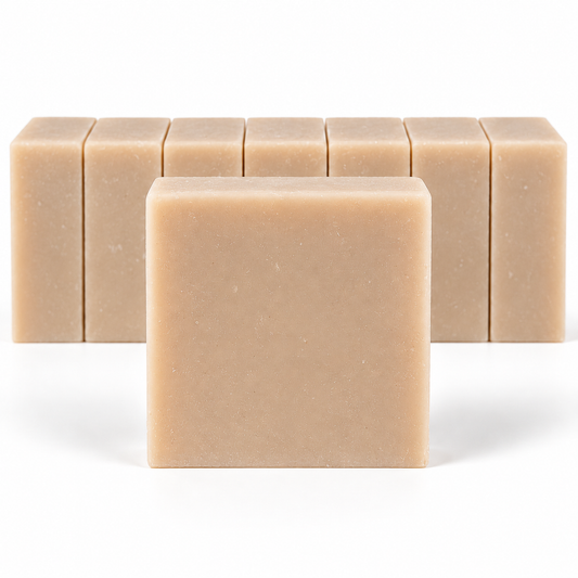 Almond Coconut Soap, neatly aligned soap bars in sharp detail on a white background.