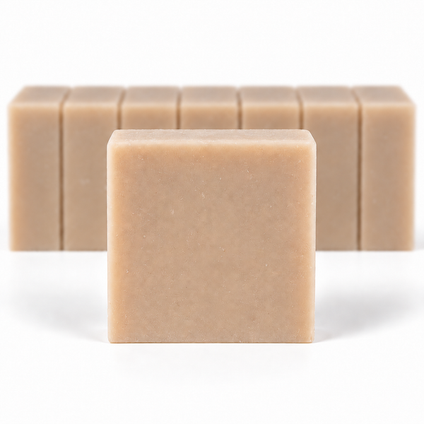 Almond Coconut Soap, with a sharp foreground soap bar and a softly blurred row of bars on a white background.