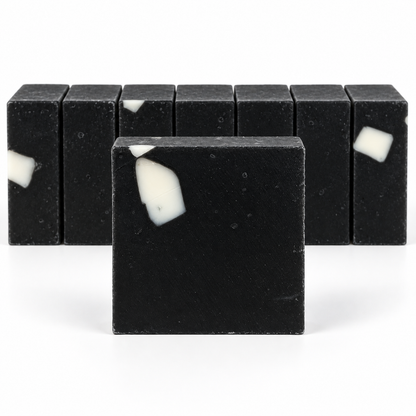 Charcoal Aloe Soap, neatly aligned soap bars in sharp detail on a white background.
