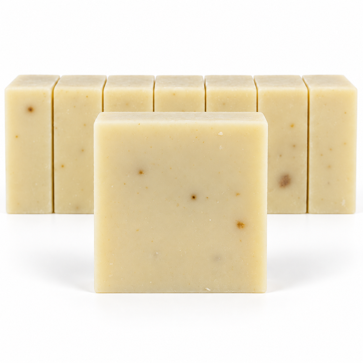 Cinnapear Goats Milk, neatly aligned soap bars in sharp detail on a white background.