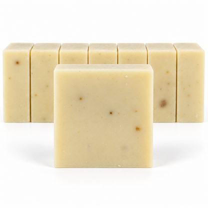 Cinnapear Goats Milk, neatly aligned soap bars in sharp detail on a white background.
