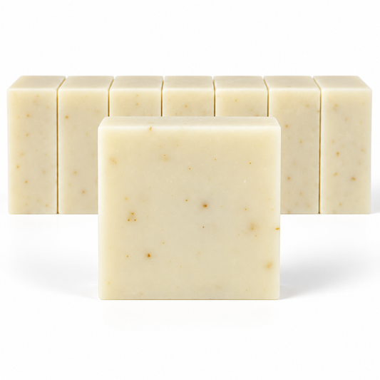 Citrus Splash Goats Milk, neatly aligned soap bars in sharp detail on a white background.