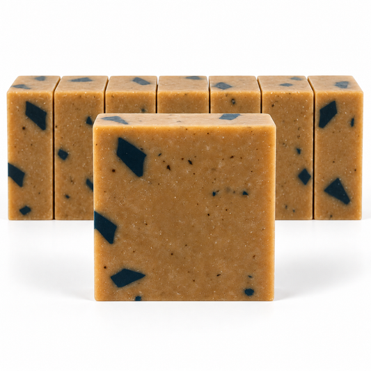 Dead Sea Mud, neatly aligned soap bars in sharp detail on a white background.