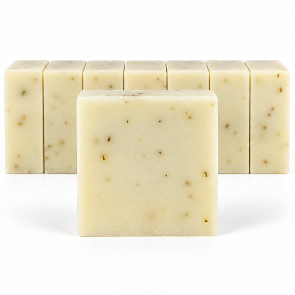Eucalyptus Aloe, neatly aligned soap bars in sharp detail on a white background.