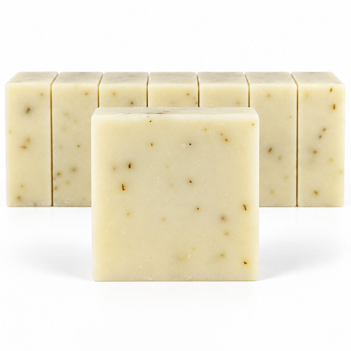 Eucalyptus Aloe, neatly aligned soap bars in sharp detail on a white background.