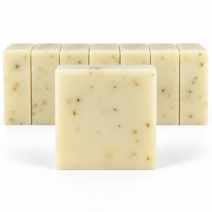 Eucalyptus Aloe, neatly aligned soap bars in sharp detail on a white background.