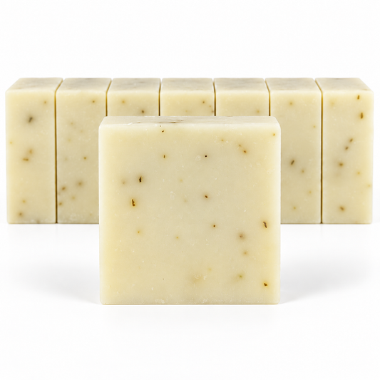 Eucalyptus Aloe, neatly aligned soap bars in sharp detail on a white background.