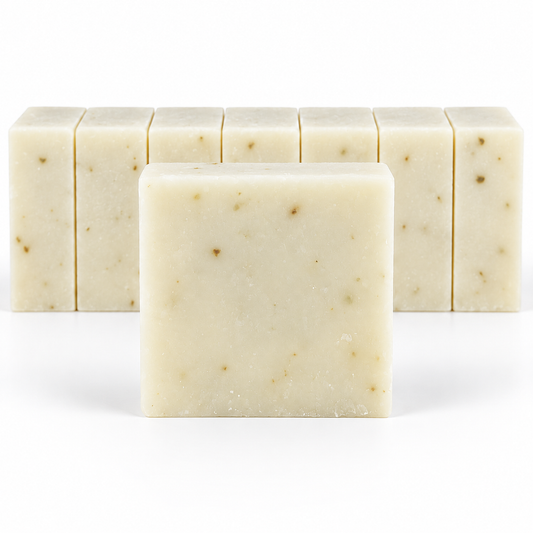 Eucalyptus Lavender Goats Milk, neatly aligned soap bars in sharp detail on a white background.