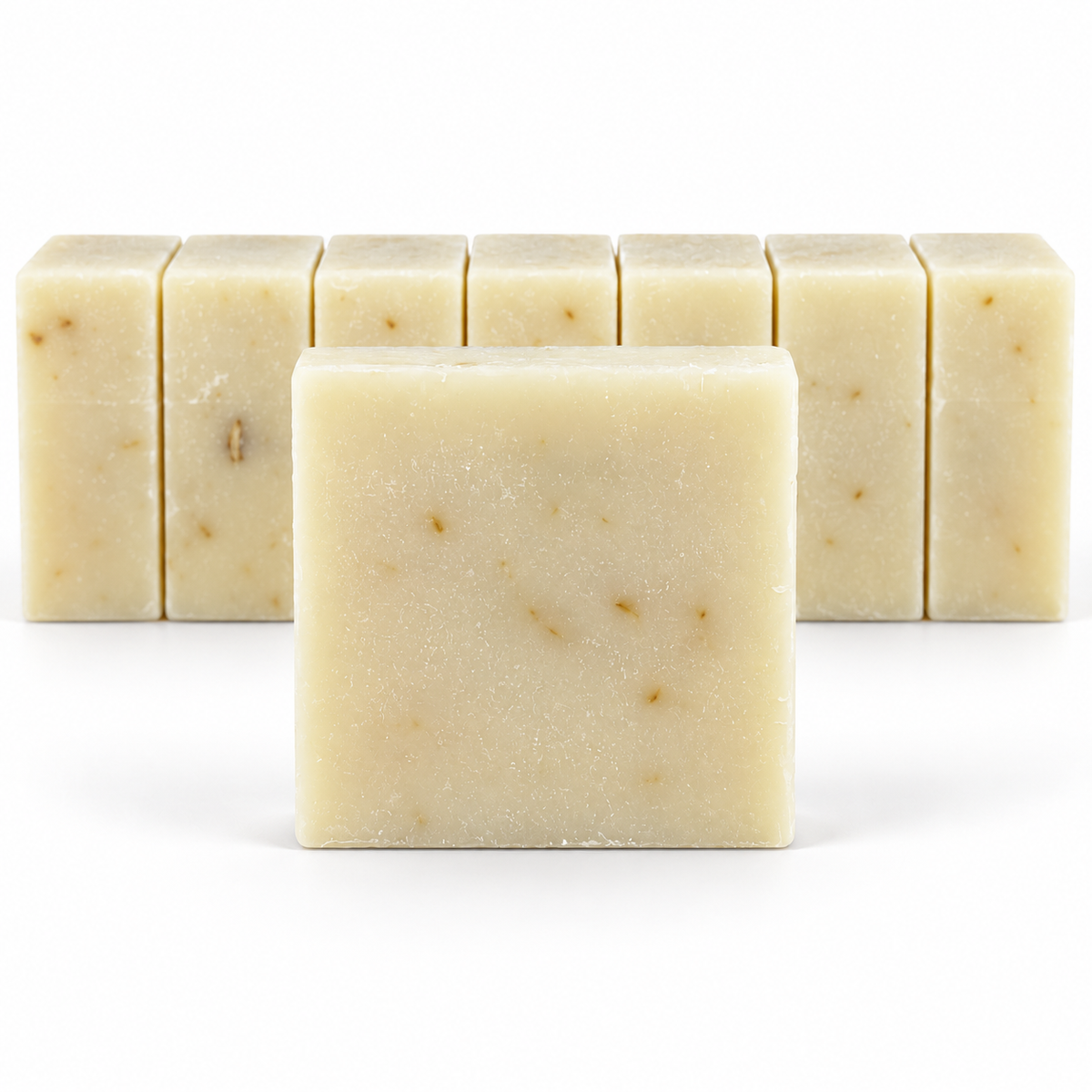 Hydrangea Rose Goats Milk, neatly aligned soap bars in sharp detail on a white background.
