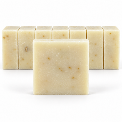 Hydrangea Rose Goats Milk, neatly aligned soap bars in sharp detail on a white background.