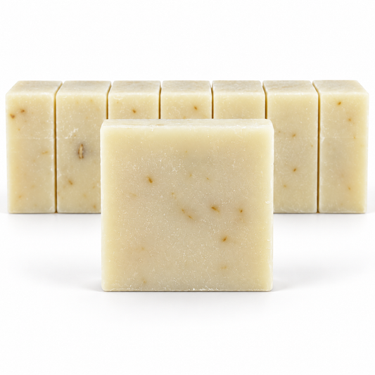 Hydrangea Rose Goats Milk, neatly aligned soap bars in sharp detail on a white background.