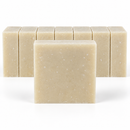 Milk and Collagen with Goat's Milk, neatly aligned soap bars in sharp detail on a white background.