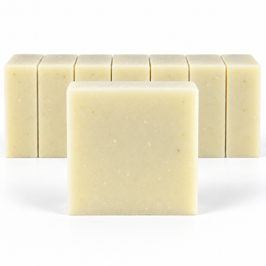 Minty Lavender Goats Milk, neatly aligned soap bars in sharp detail on a white background.