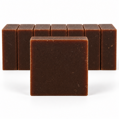 Moroccan Vanilla Goats Milk, neatly aligned soap bars in sharp detail on a white background.