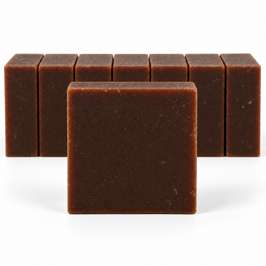 Moroccan Vanilla Goats Milk, neatly aligned soap bars in sharp detail on a white background.