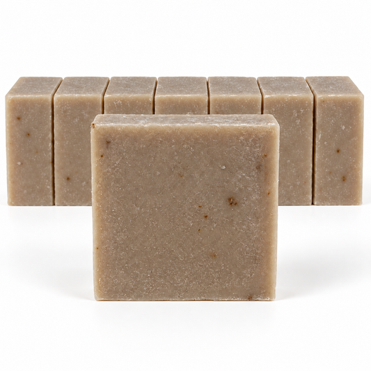 Oatmeal Goat's Milk Soap, neatly aligned soap bars in sharp detail on a white background.