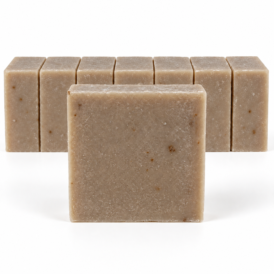 Oatmeal Goat's Milk Soap, neatly aligned soap bars in sharp detail on a white background.