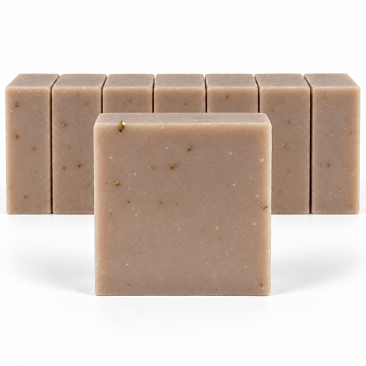 Oatmeal Milk & Organic Honey, neatly aligned soap bars in sharp detail on a white background.