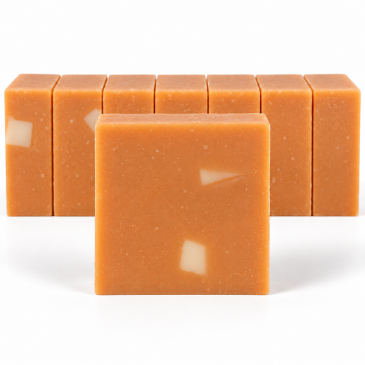 Apricot Chamomile, neatly aligned soap bars in sharp detail on a white background.