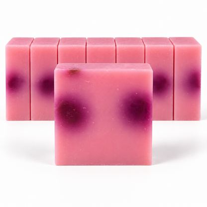 Rose Bouquet, neatly aligned soap bars in sharp detail on a white background.