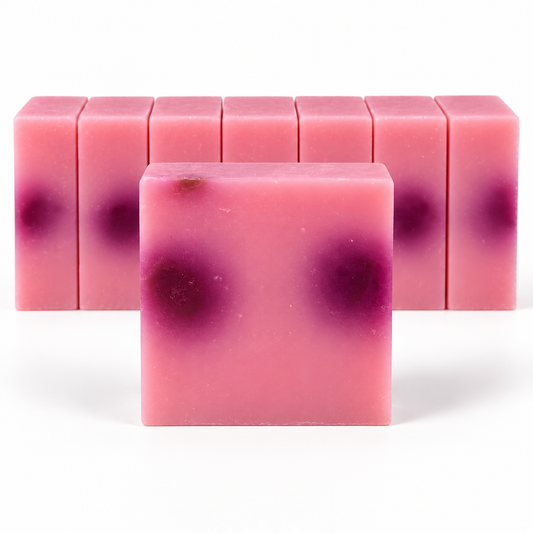 Rose Bouquet, neatly aligned soap bars in sharp detail on a white background.