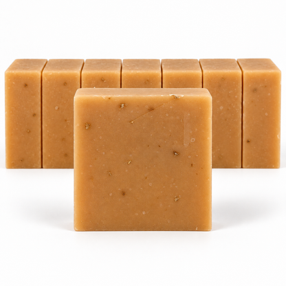 Turmeric Organic Honey & Orange, neatly aligned soap bars in sharp detail on a white background.