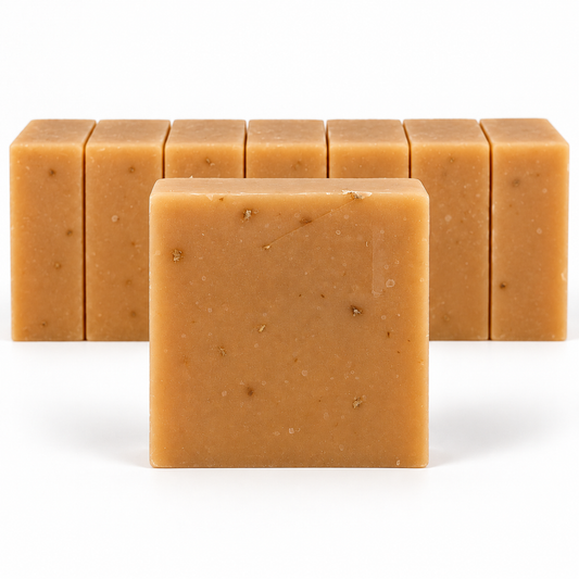 Turmeric Organic Honey & Orange, neatly aligned soap bars in sharp detail on a white background.