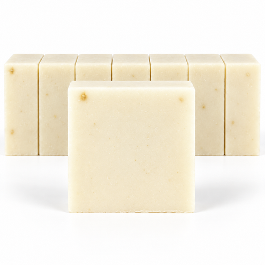Unscented Goats Milk, neatly aligned soap bars in sharp detail on a white background.