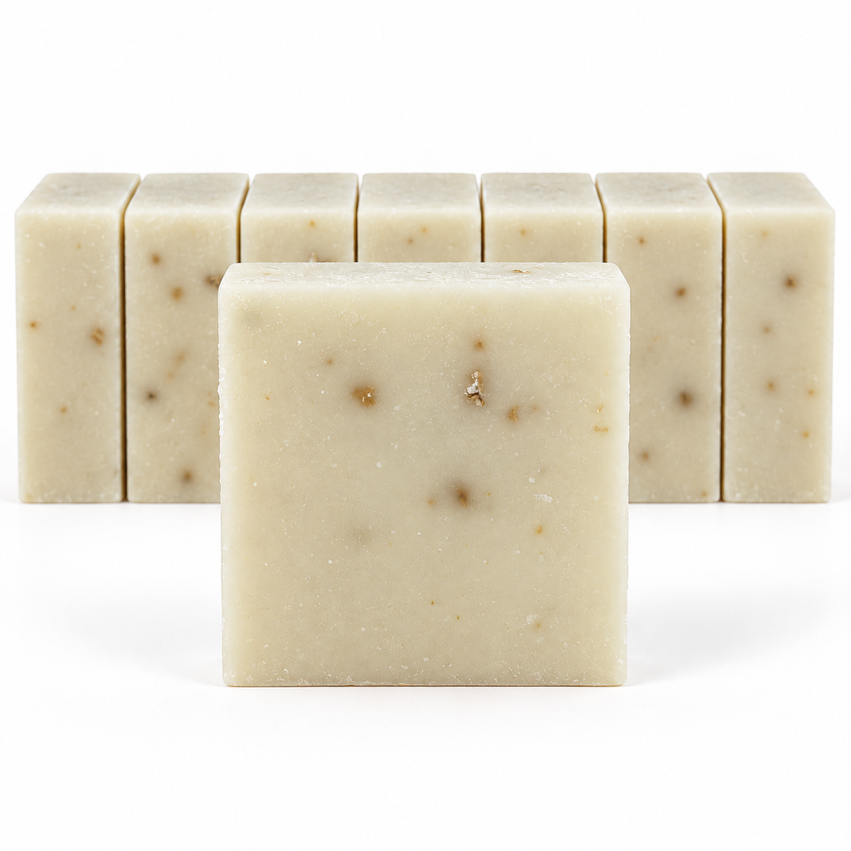 Persimmons Goats Milk, neatly aligned soap bars in sharp detail on a white background.